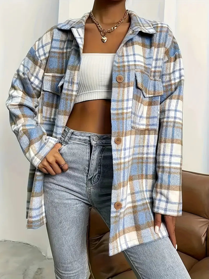 Koszula jesienna flanelowa w biało-niebiesko-beżową kratę oversize