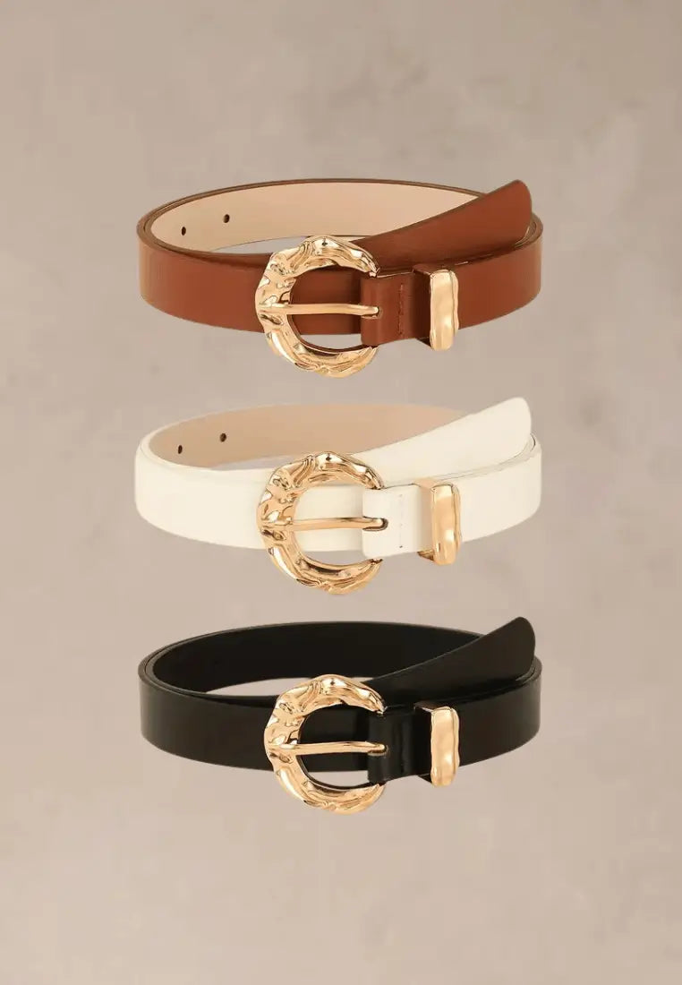 Zestaw 3 szt. damskich pasków w kolorze brązowym, białym i czarnym ze złotą klamrą