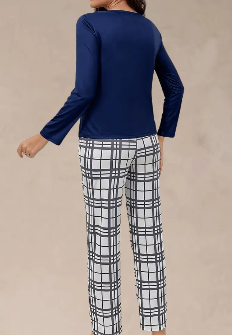 Granatowy komplet piżamowy damski z długim rękawem i długimi spodniami w kratę