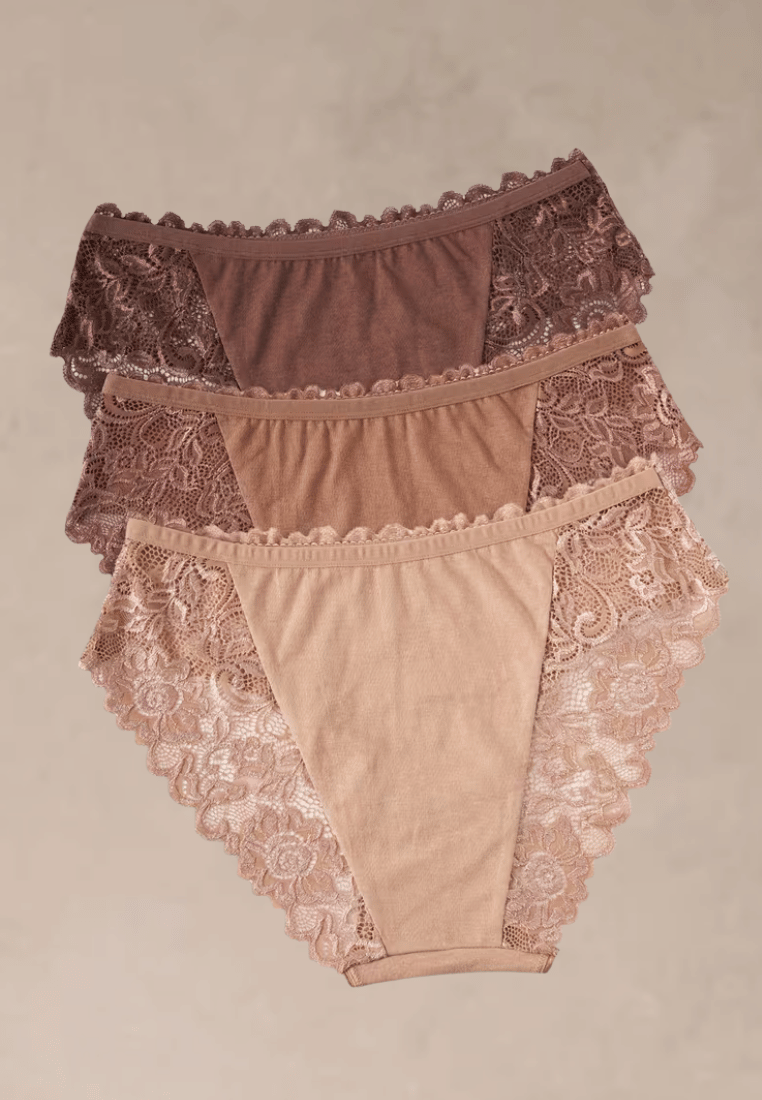 Zestaw 3 szt. figi majtki damskie koronkowe bawełniane beżowe i cappuccino