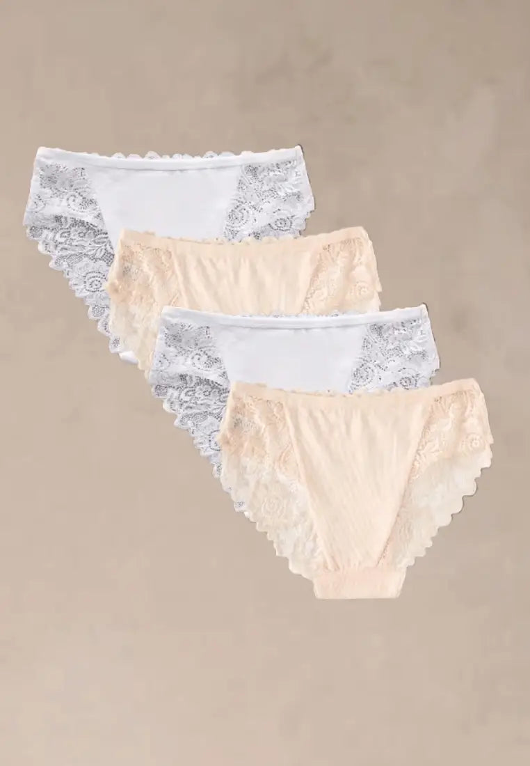 Zestaw 4 szt. figi majtki damskie koronkowe bawełniane białe i beżowe