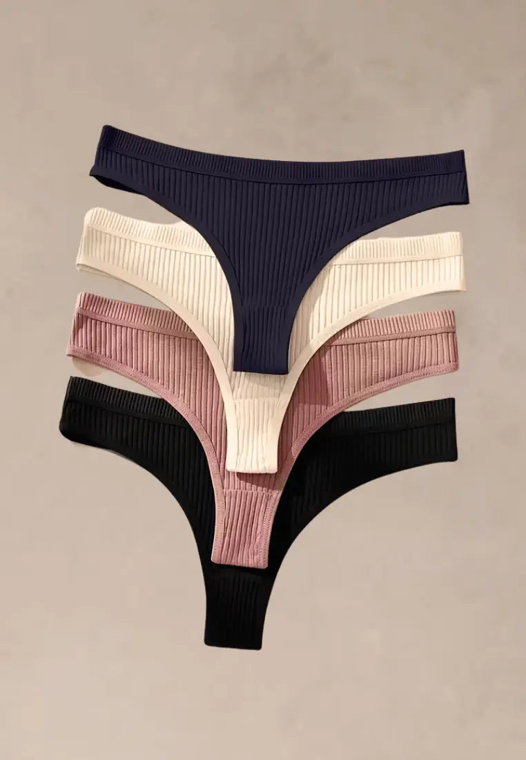 Zestaw 4 szt. stringi majtki damskie bawełniane prążkowane czarne, białe, pudrowe i granatowe