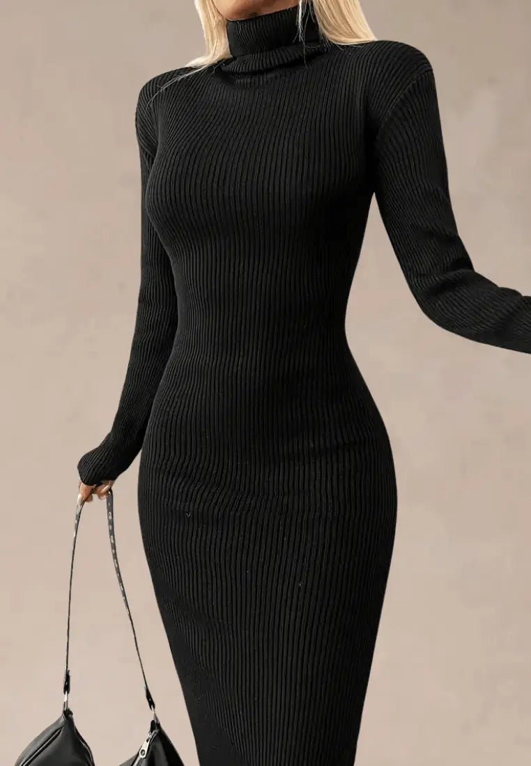Czarna sukienka dzianinowa midi z golfem i długim rękawem