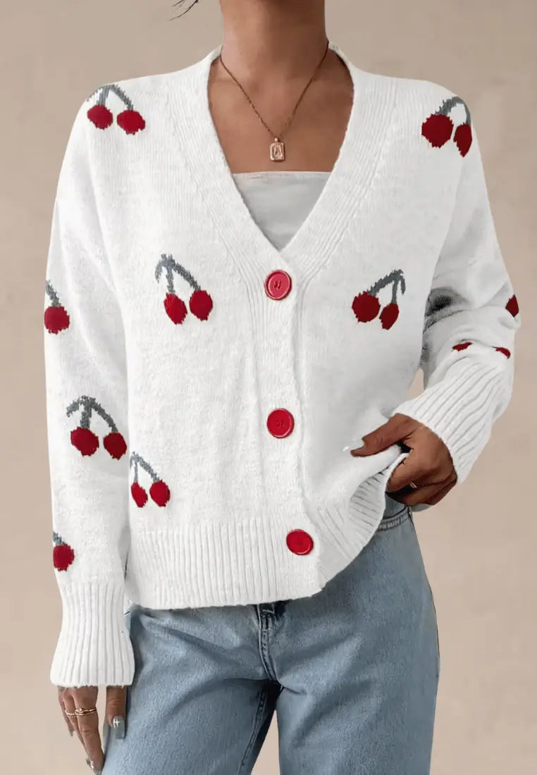 Biały kardigan damski z wiśniami krótki fason zapinany na guziki