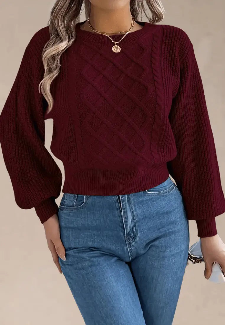 Bordowy sweter damski z asymetrycznym wzorem
