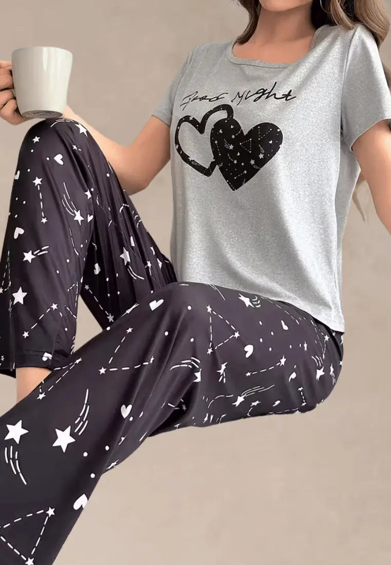 Szary komplet piżamowy damski z krótkim rękawem i długimi spodniami