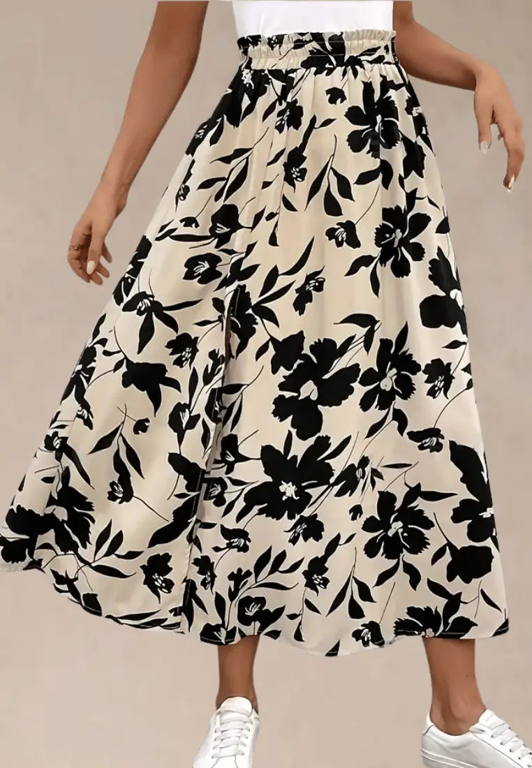 Beżowa spódnica damska rozkloszowana maxi kwiaty wysoki stan