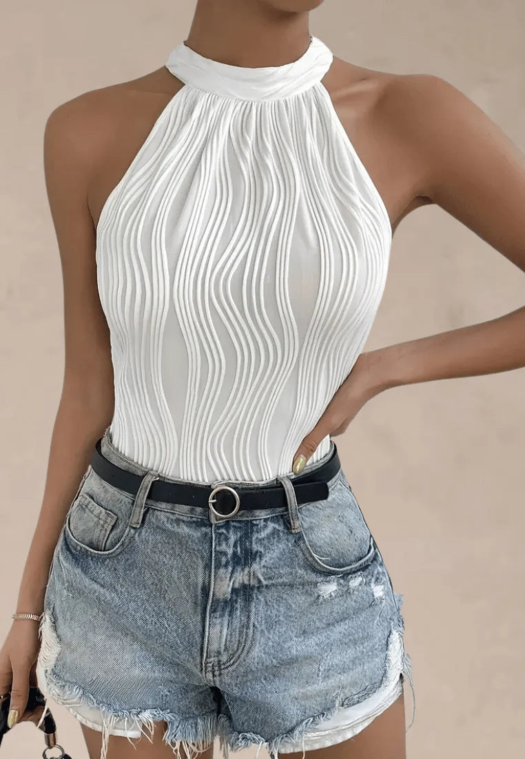 Białe body damskie dopasowane z dekoltem halter