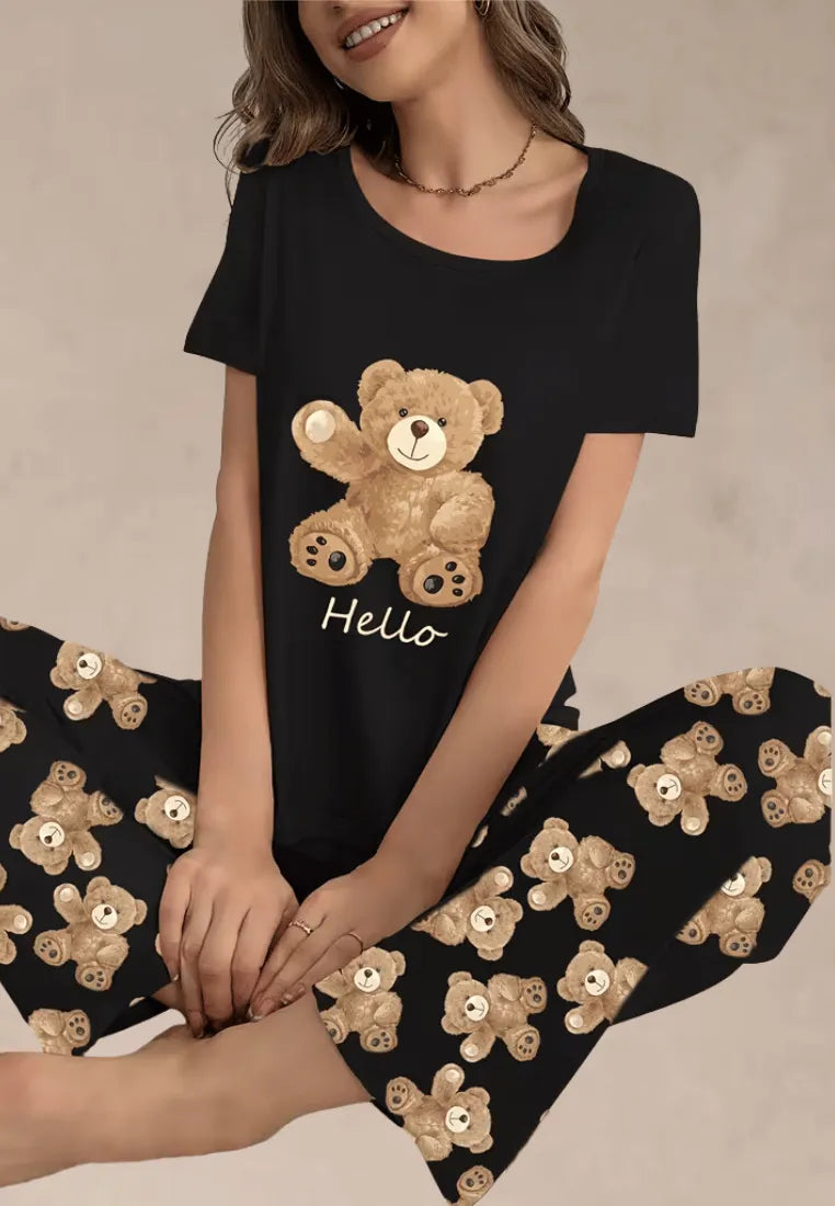 Czarny komplet piżamowy damski z krótkim rękawem i długimi spodniami z misiami