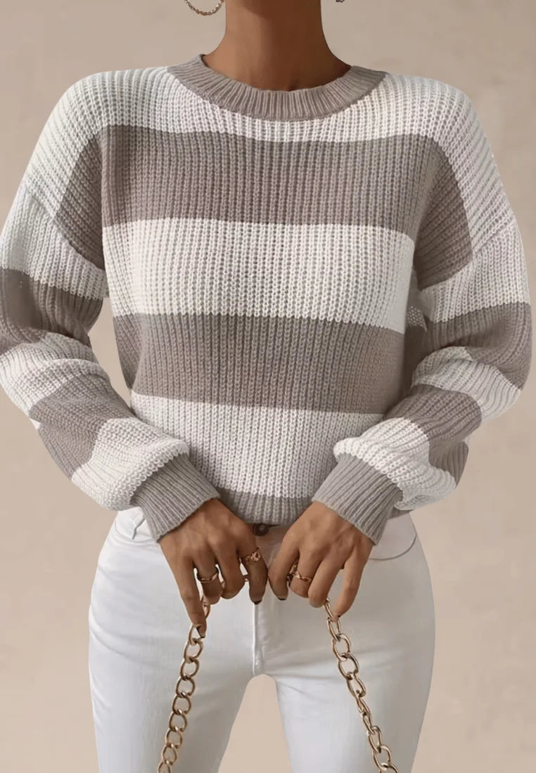 Kremowo-brązowy sweter damski w szerokie pasy