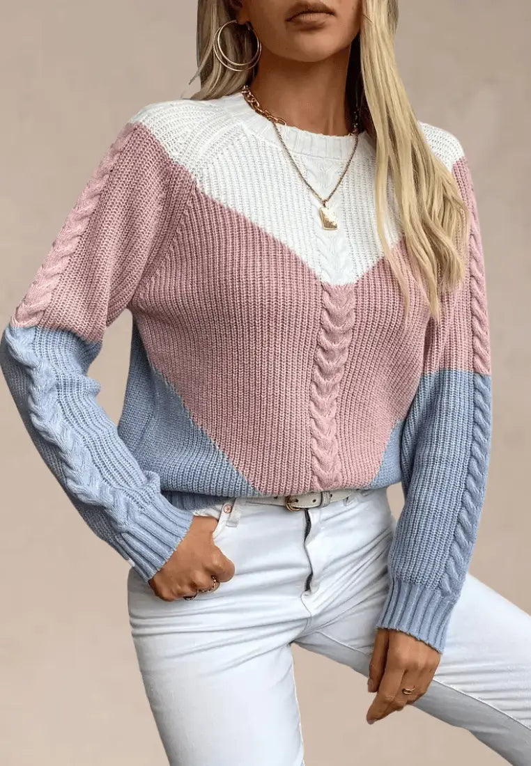 Pastelowy sweter damski w pasy z okrągłym dekoltem