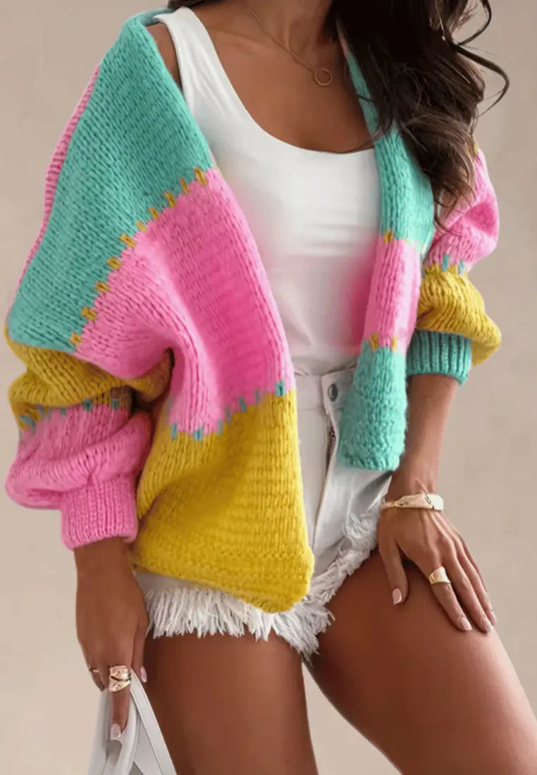Wielokolorowy kardigan damski oversize z miękkiej dzianiny