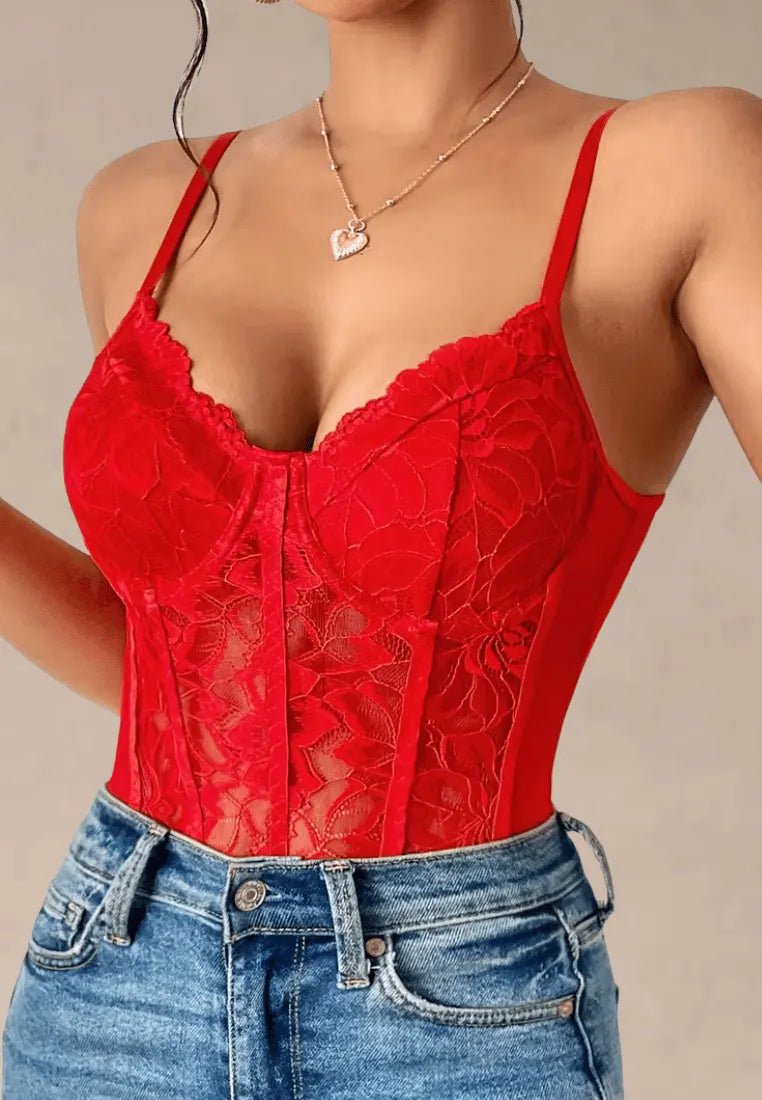 Czerwone body damskie koronkowe gorsetowe na ramiączkach z modelującym fasonem