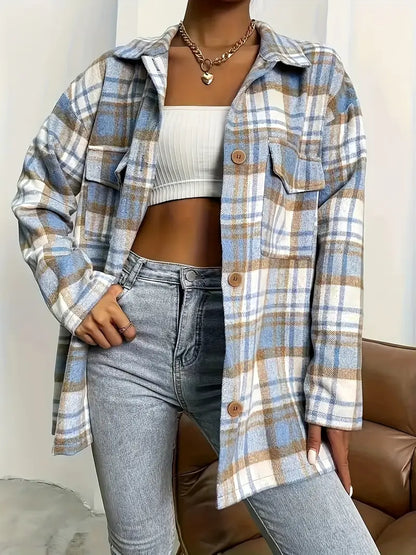 Koszula jesienna flanelowa w biało-niebiesko-beżową kratę oversize