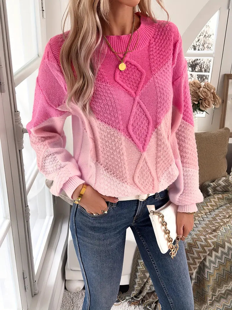 Różowy sweter damski z geometrycznym wzorem i efektem ombre
