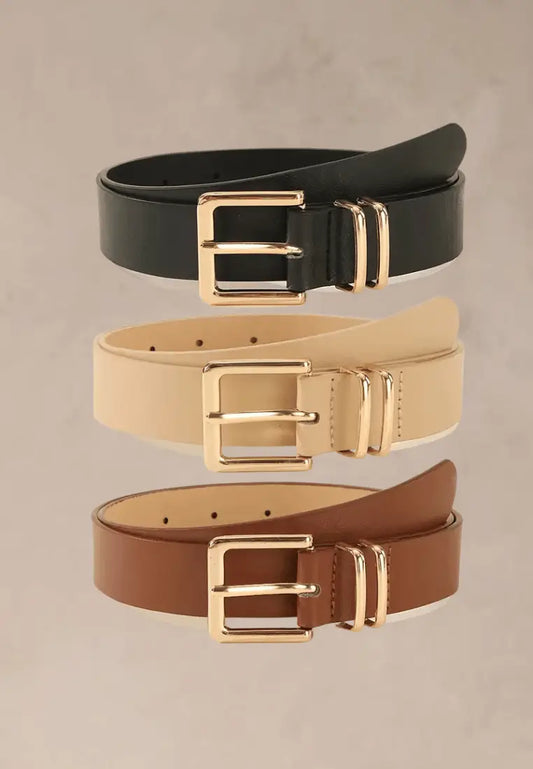 Zestaw 3 szt. pasków damskich czarny, beżowy i brązowy z złotą klamrą