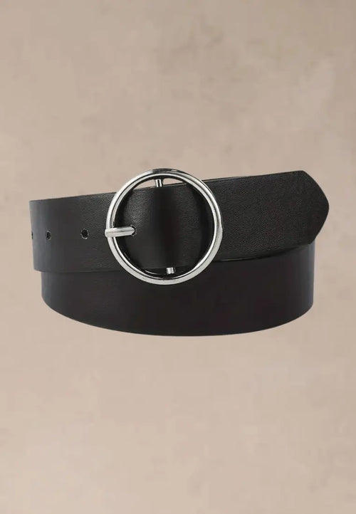 Czarny pasek damski z okrągłą srebrną klamrą