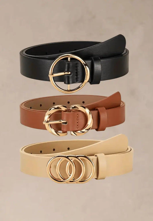 Zestaw 3 szt. pasków damskich czarny, brązowy i beżowy ze złotymi klamrami