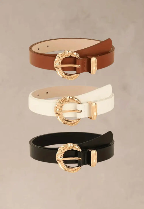 Zestaw 3 szt. damskich pasków w kolorze brązowym, białym i czarnym ze złotą klamrą