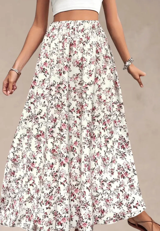 Kremowa spódnica damska rozkloszowana maxi kwiaty wysoki stan