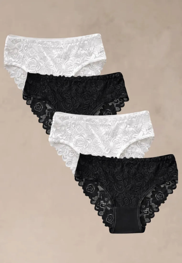 Zestaw 4 szt. figi majtki damskie bawełniane koronkowe w czerni i bieli