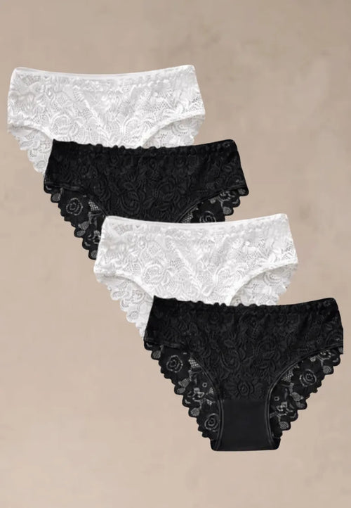 Zestaw 4 szt. figi majtki damskie bawełniane koronkowe w czerni i bieli