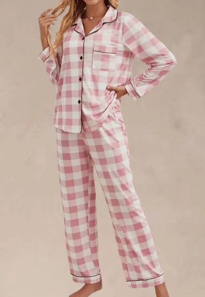Różowy komplet piżamowy damski z długim rękawem i spodniami w kratę