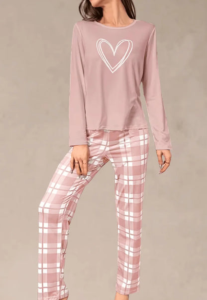 Różowy komplet piżamowy damski z długim rękawem i długimi spodniami w kratę