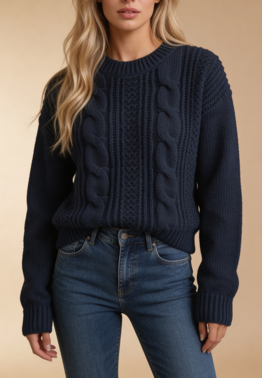 Granatowy sweter damski z grubym splotem i warkoczowym wzorem
