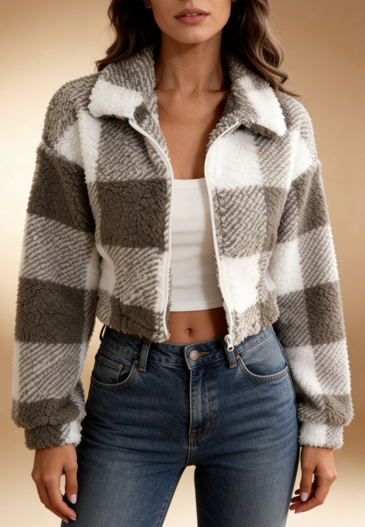 Brązowa kurtka damska polarowa krótka w kratę na zamek