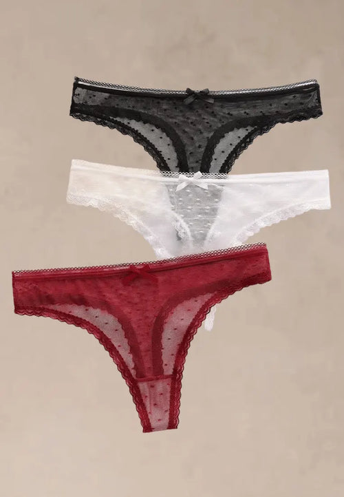 Zestaw 3 szt. stringi majtki damskie koronkowe bawełniane czarne, białe i czerwone