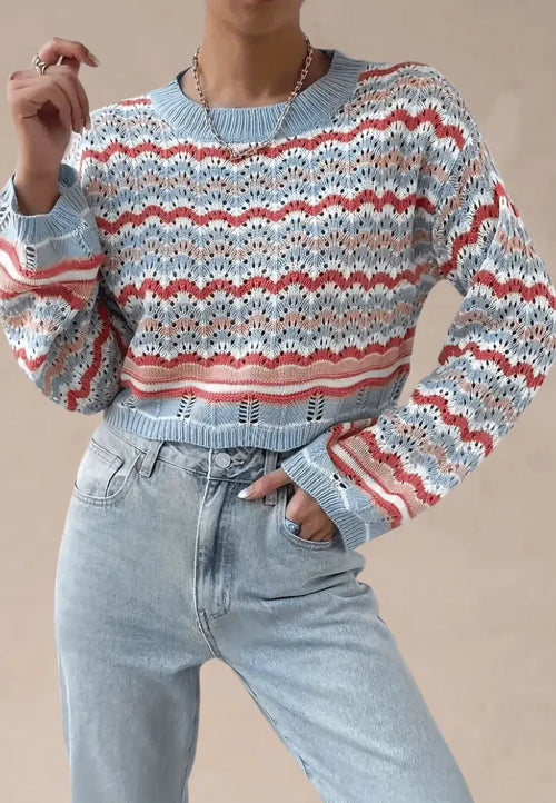 Wielokolorowy sweter damski ażurowy z okrągłym dekoltem