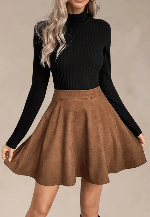 Brązowa spódniczka damska skater mini zamszowy wysoki stan casual