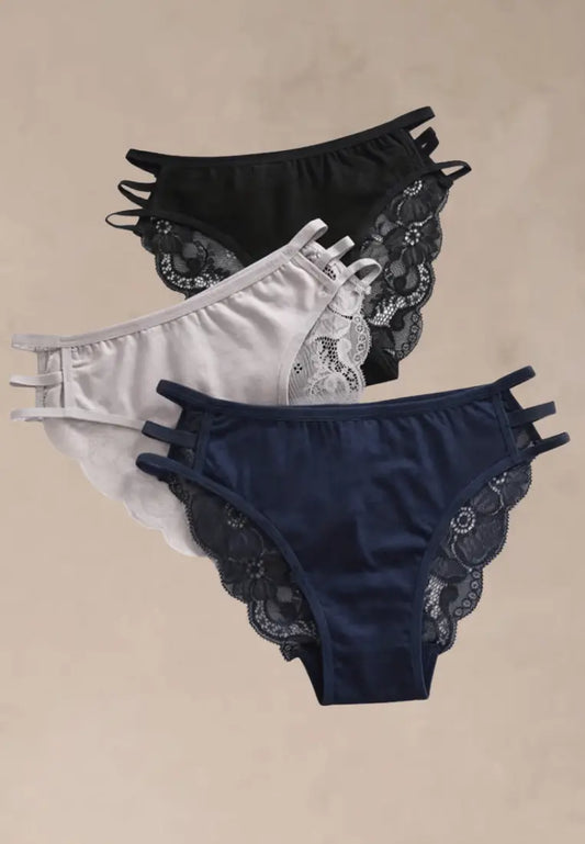 Zestaw 3 szt. figi majtki damskie koronkowe bawełniane czarne, białe i granatowe