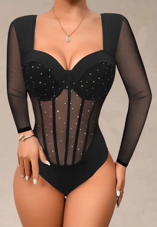 Czarne body damskie gorsetowe z siateczką i kryształkami na długi rękaw