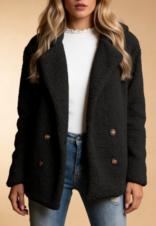 Czarna kurtka damska polarowa oversize do bioder z guzikami