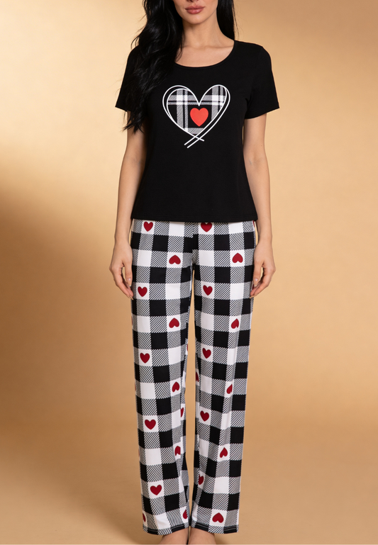 Komplet piżamowy damski z krótkim rękawem i długimi spodniami w kratę