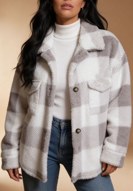 Szara kurtka damska polarowa oversize w kratę z guzikami