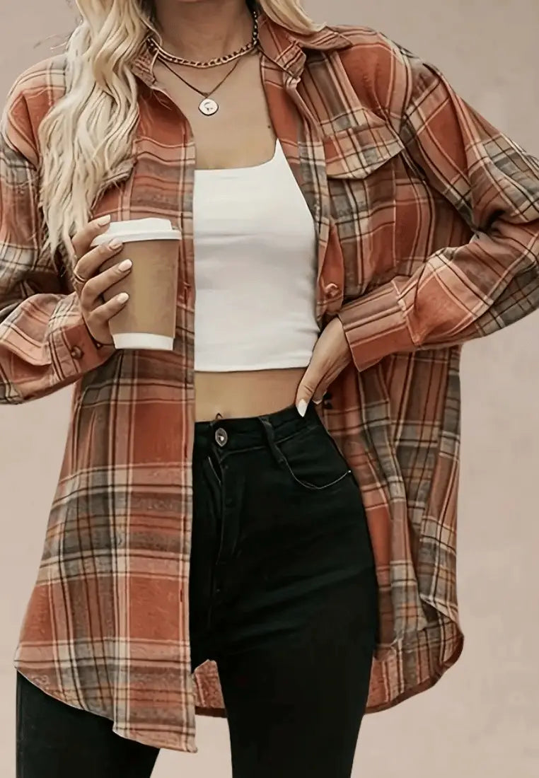 Pomarańczowa koszula damska flanelowa w kratę z kieszenią i guzikami