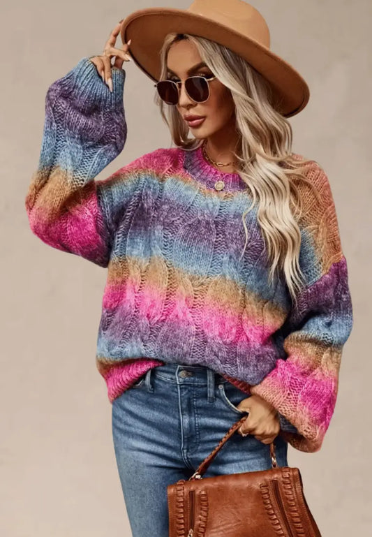 Wielokolorowy sweter damski oversize z okrągłym dekoltem