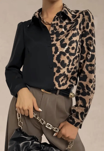 Czarna koszula damska z panterkowym wzorem i długim rękawem