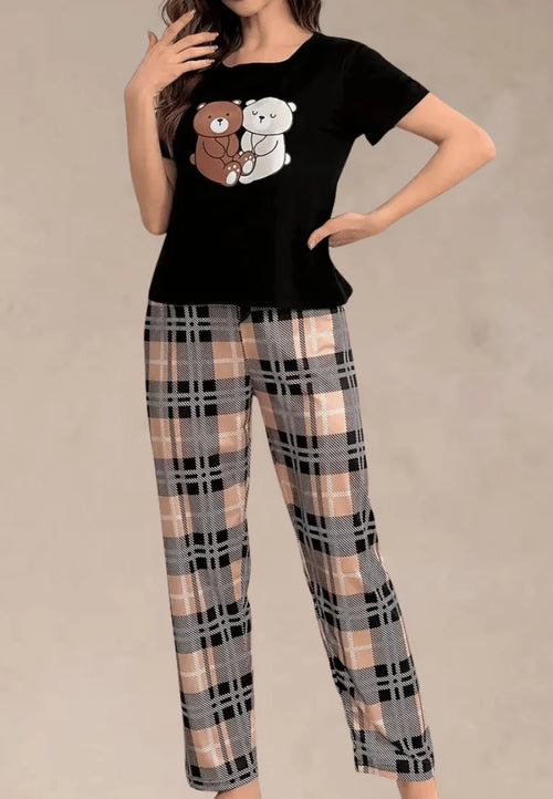 Czarny komplet piżamowy damski z krótkim rękawem i długimi spodniami