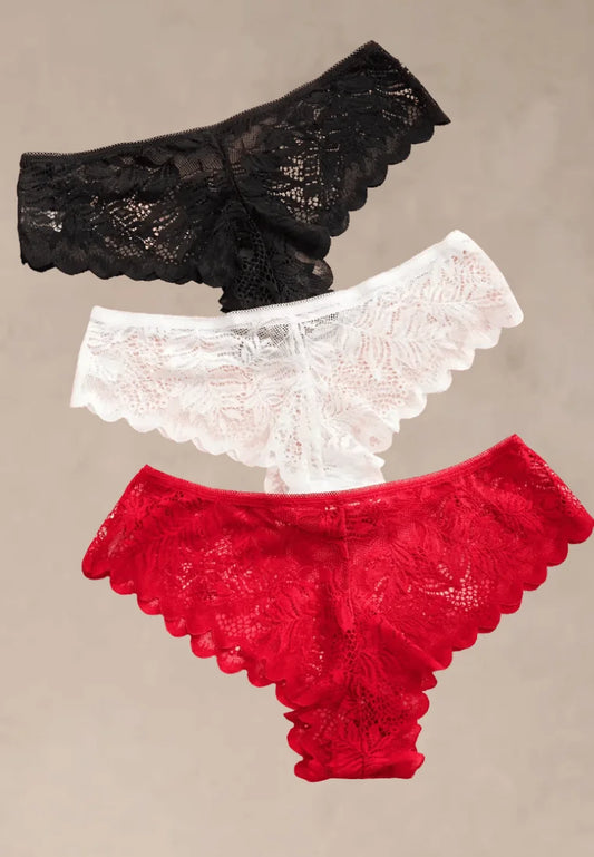 Zestaw 3 szt. stringi majtki damskie koronkowe w czerni, bieli i czerwieni