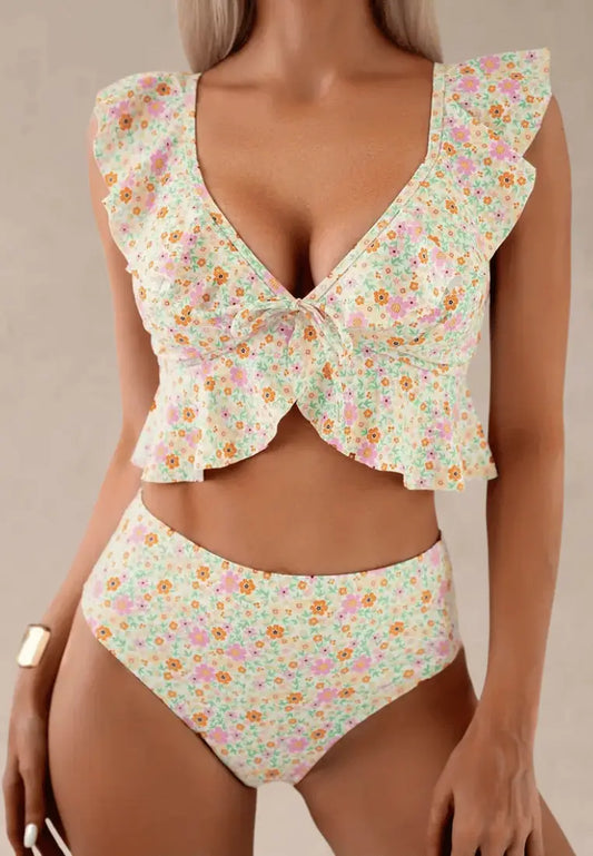 Żółty strój kąpielowy dwuczęściowy damski w uroczy kwiatowy wzór