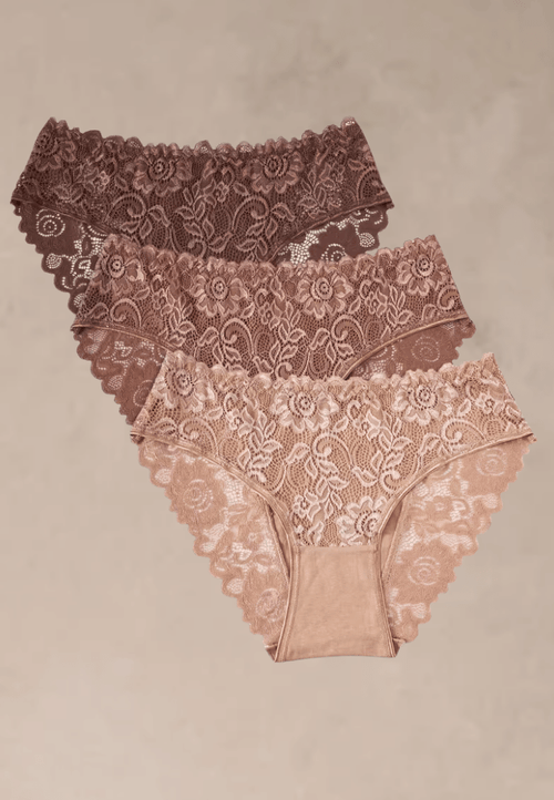 Zestaw 3 szt. figi majtki damskie koronkowe bawełniane beżowe i cappuccino