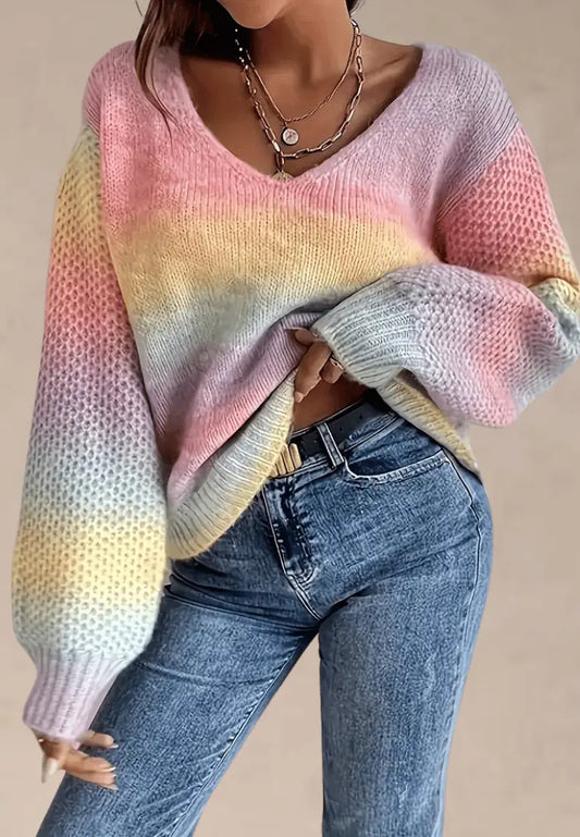 Wielokolorowy sweter damski oversize z dekoltem V