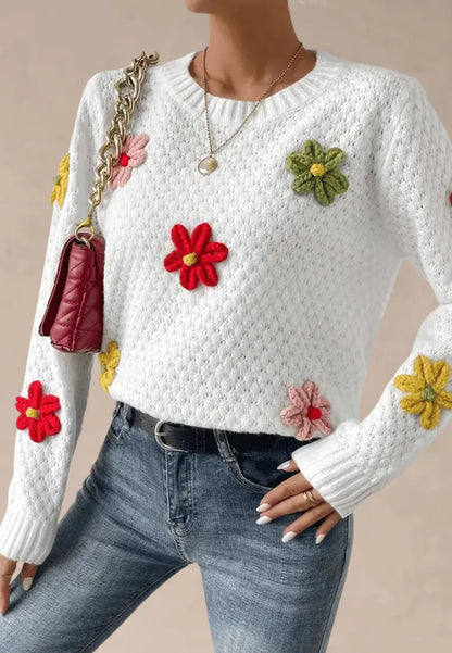 Biały sweter damski z kolorowymi kwiatkami 3D i okrągłym dekoltem
