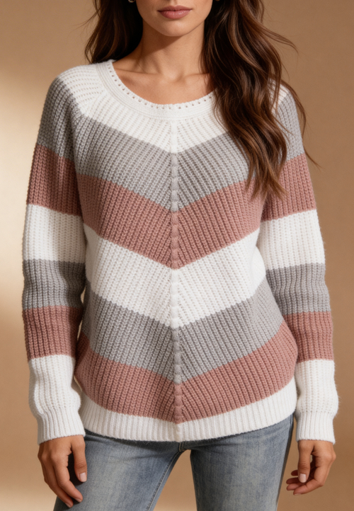 Pastelowy sweter damski w pasy z okrągłym dekoltem