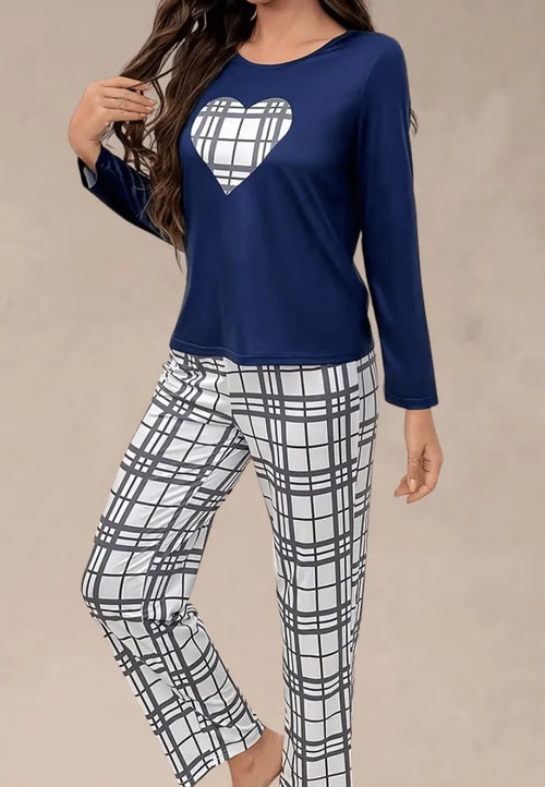 Granatowy komplet piżamowy damski z długim rękawem i długimi spodniami w kratę