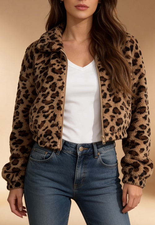 Panterkowa kurtka damska wzorzysta polarowa krótka na zamek